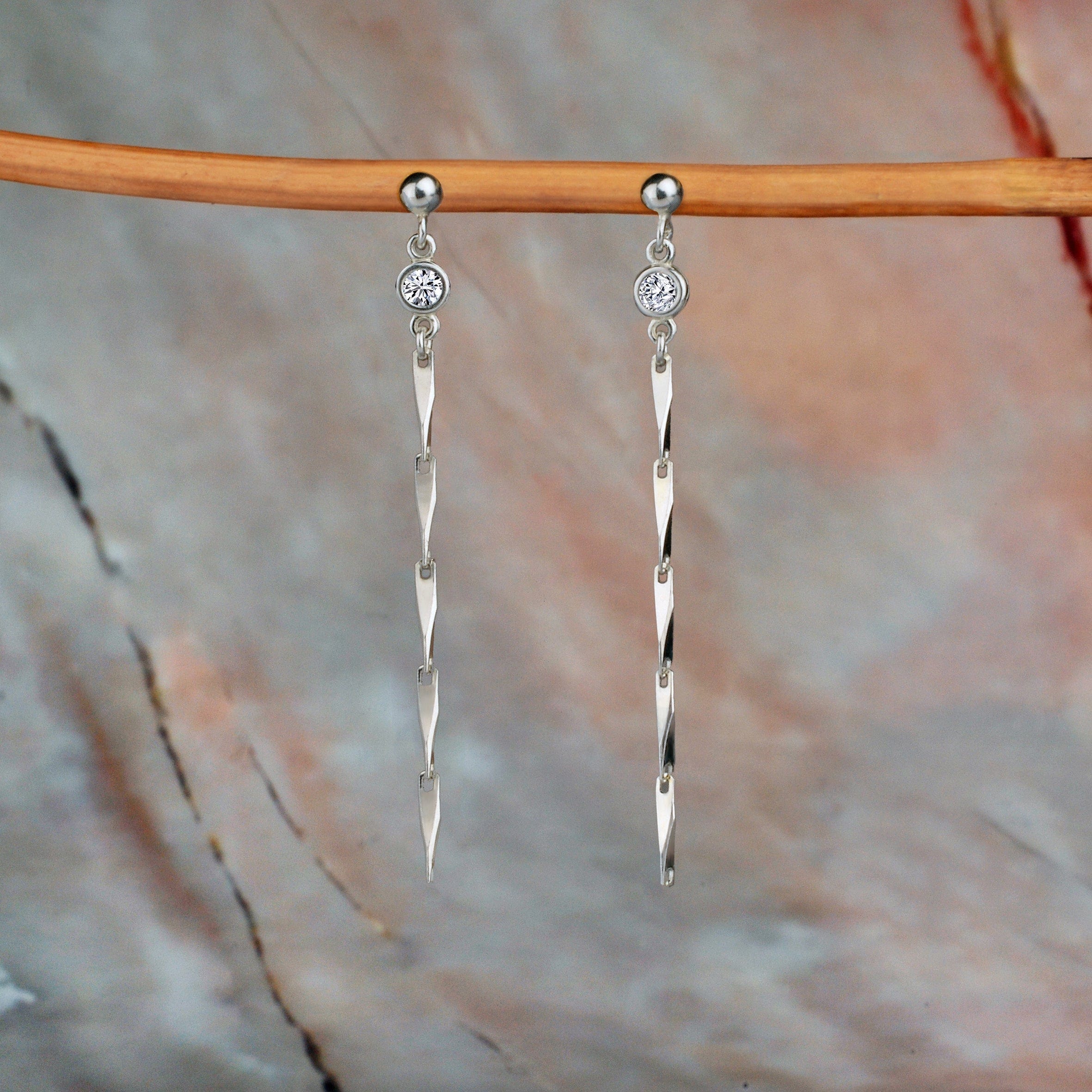 Lynora Jewellery Earring Sterling Silver / Clear Bar Link Twist Chain Drop Earrings