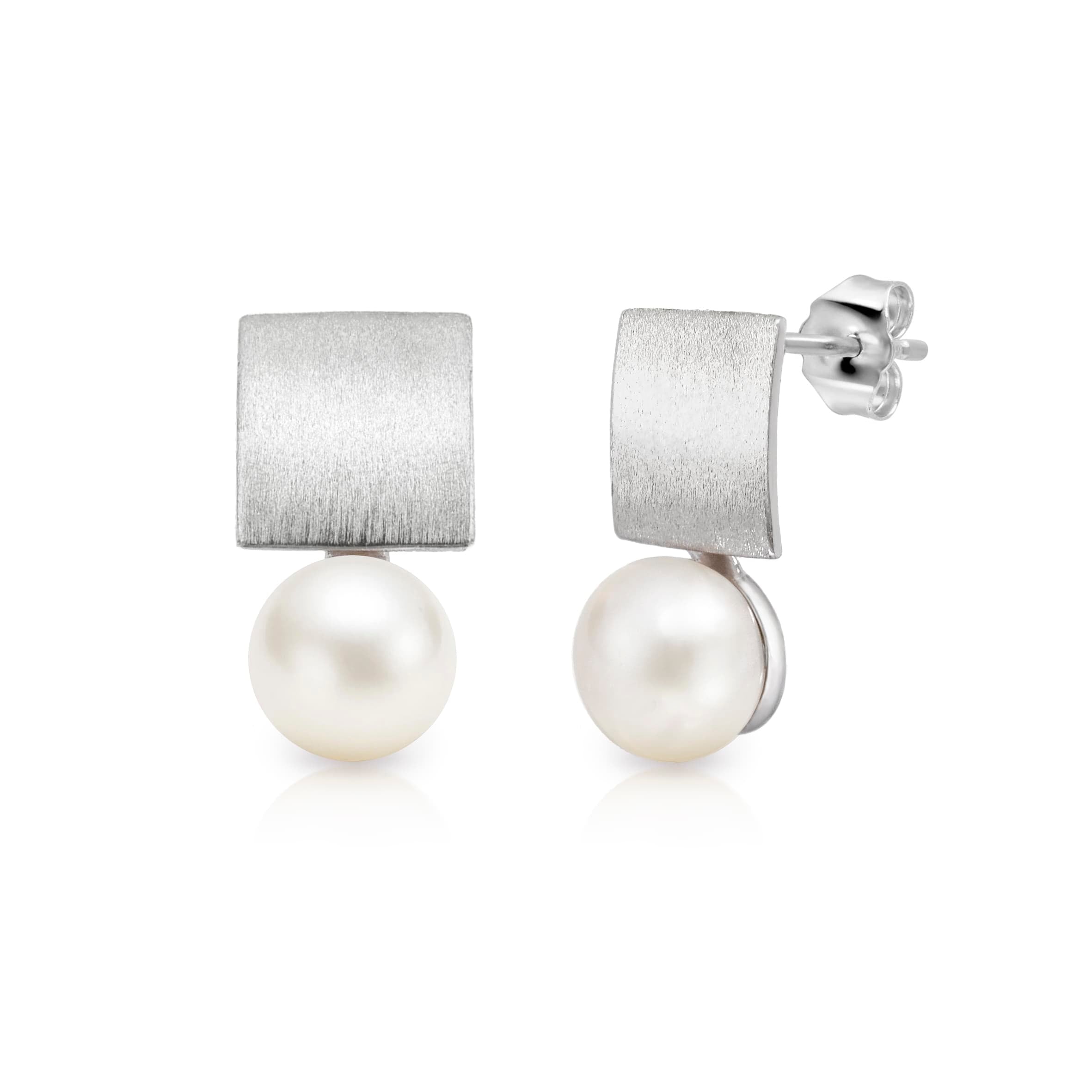 Lynora Jewellery Earrings Brushed Metal Pearl Drop Earrings Sterling Silver / Pearl Brushed Metal Pearl Drop Earrings