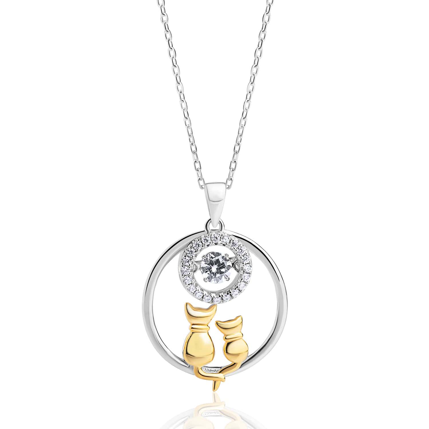 Lynora Jewellery Necklace 18" adj / Sterling Silver / Clear Gold Plated Dancing Cat Duo Necklace Sterling Silver
