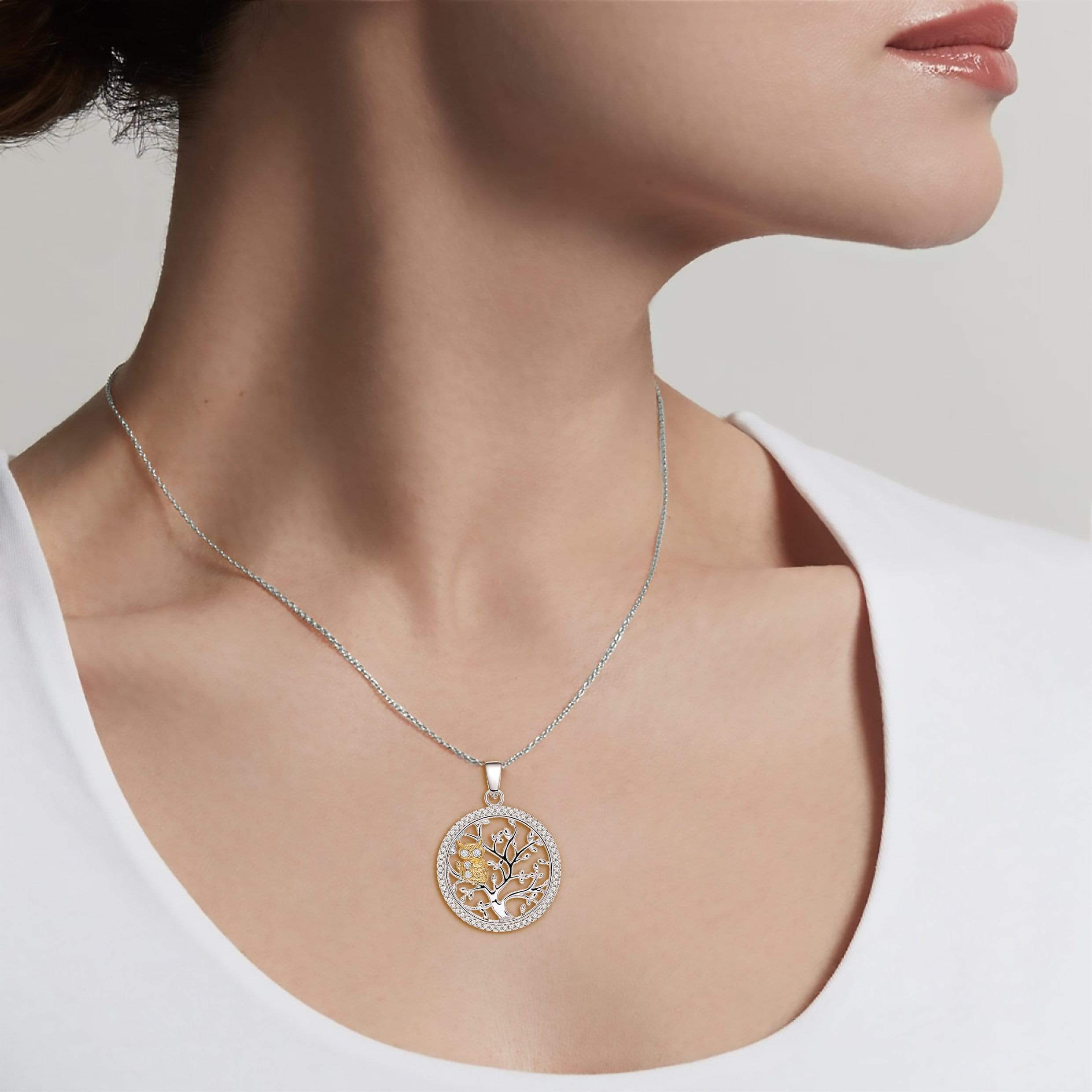 Lynora Jewellery Necklace 18" adj / Sterling Silver / Clear Owl In Tree Pendant Sterling Silver