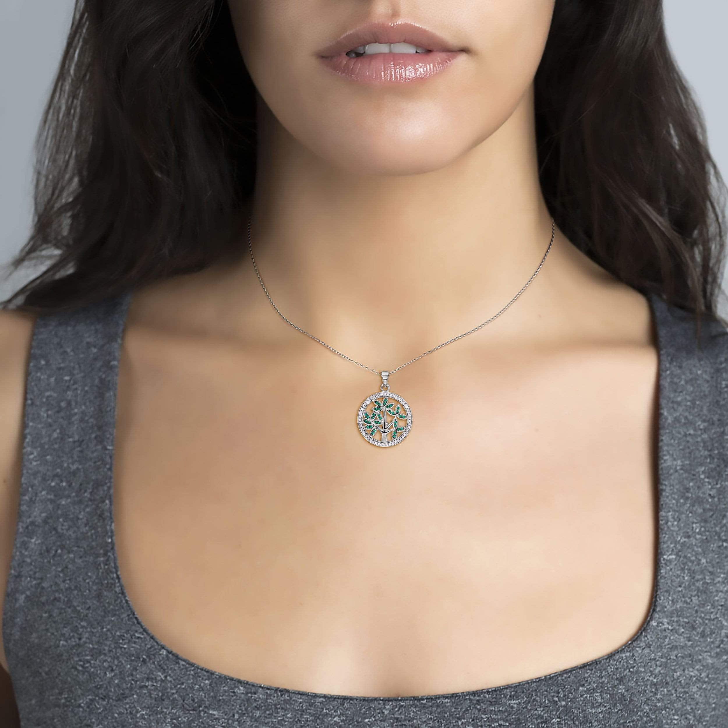 Lynora Jewellery Necklace 18" / Sterling Silver / Emerald Green Leaf Tree Of Life Sterling Silver