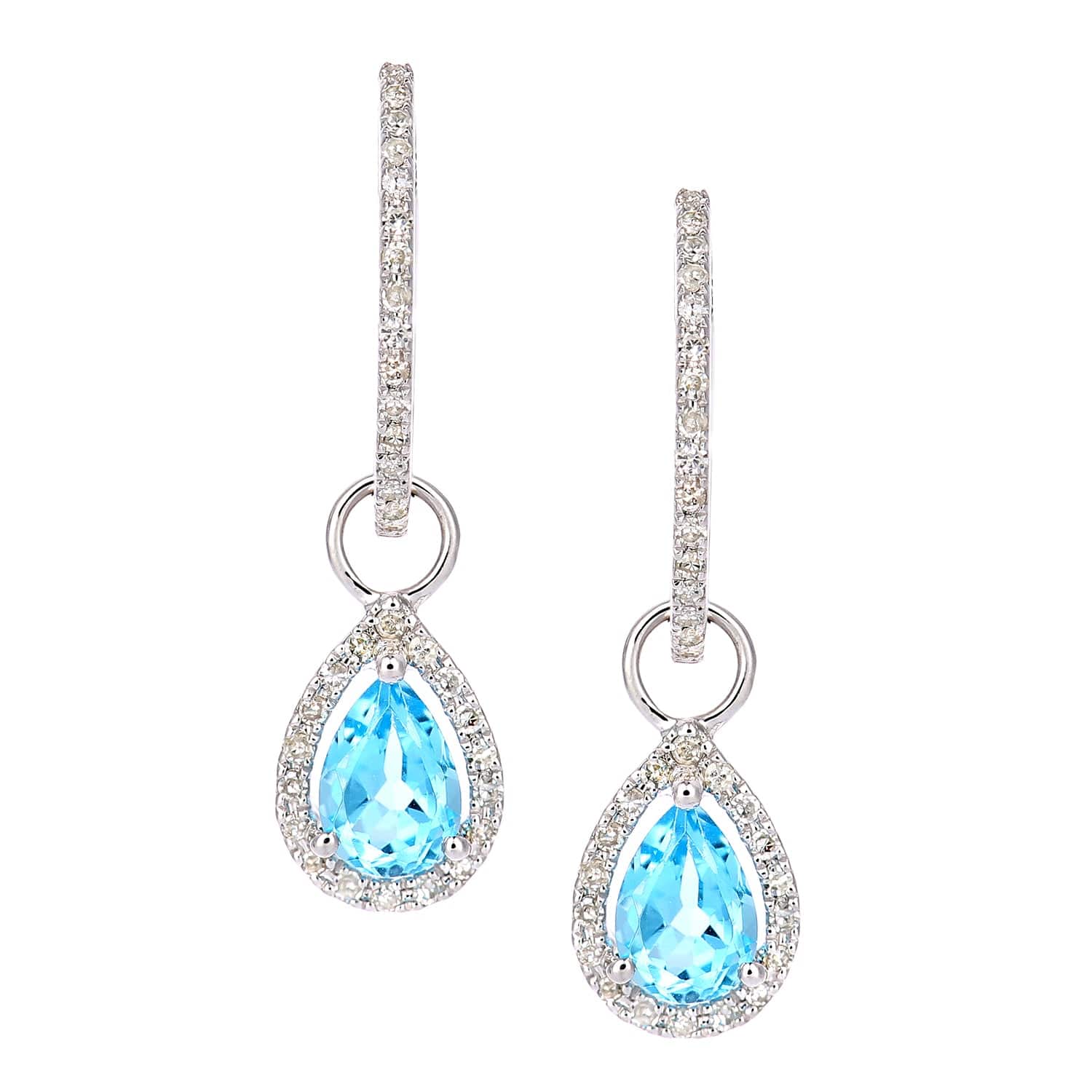 9ct White Gold Blue Topaz Teardrop and Diamond Halo Earrings