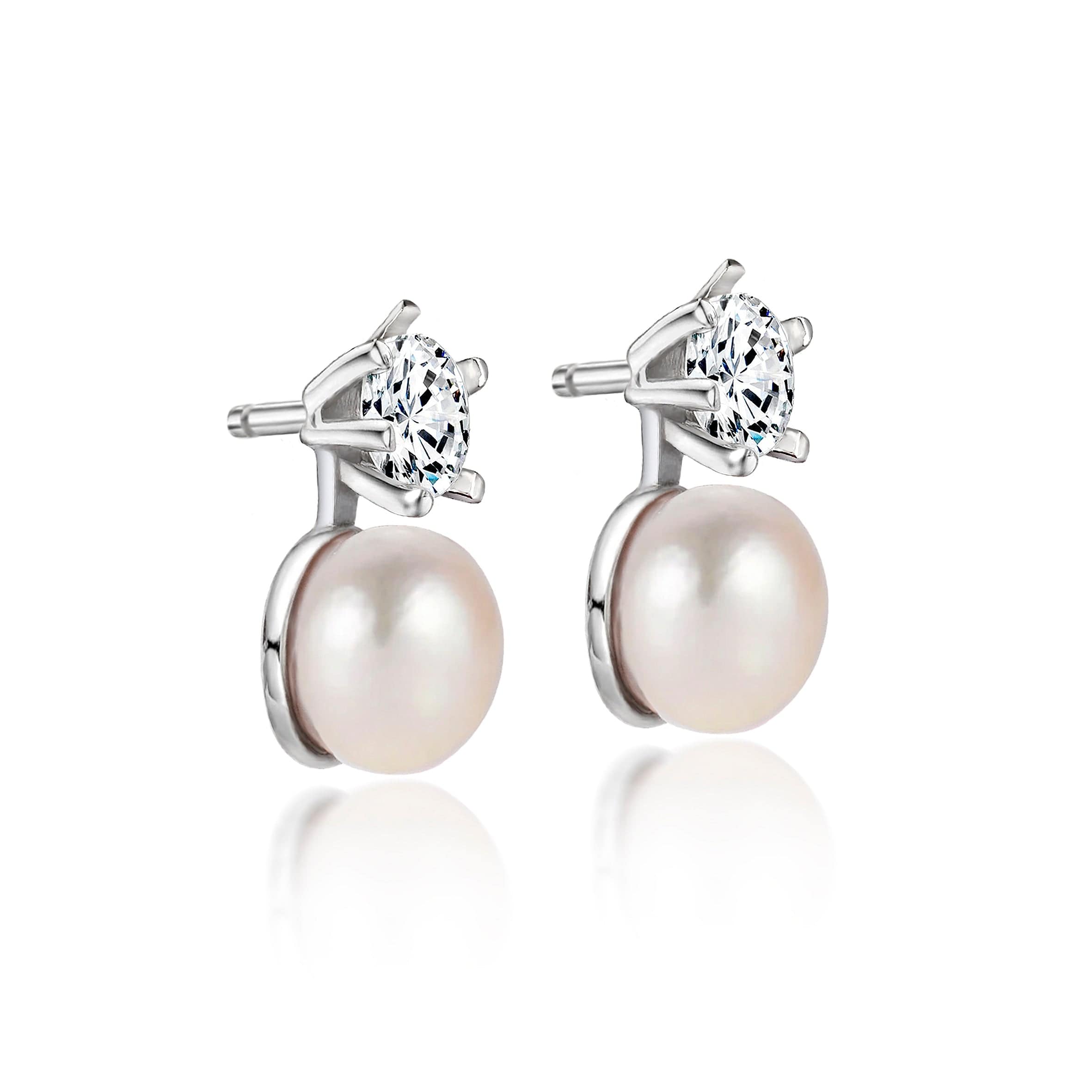 Lynora Jewellery Earrings Sterling Silver / Pearl Freshwater Pearl and Diamond Solitaire Earrings