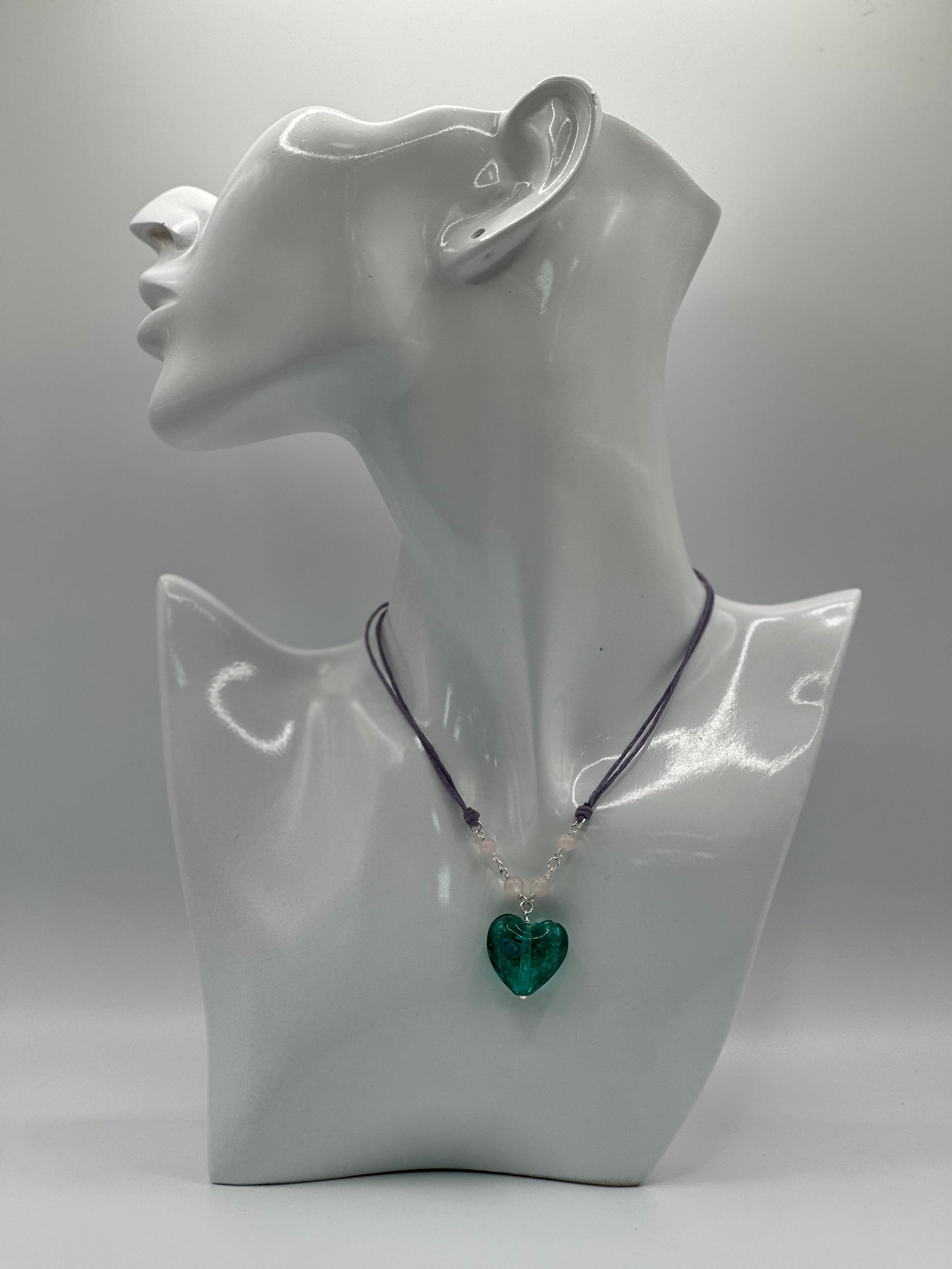 Heart Necklace Turquoise and Purple Murano Glass 16inch Lynora