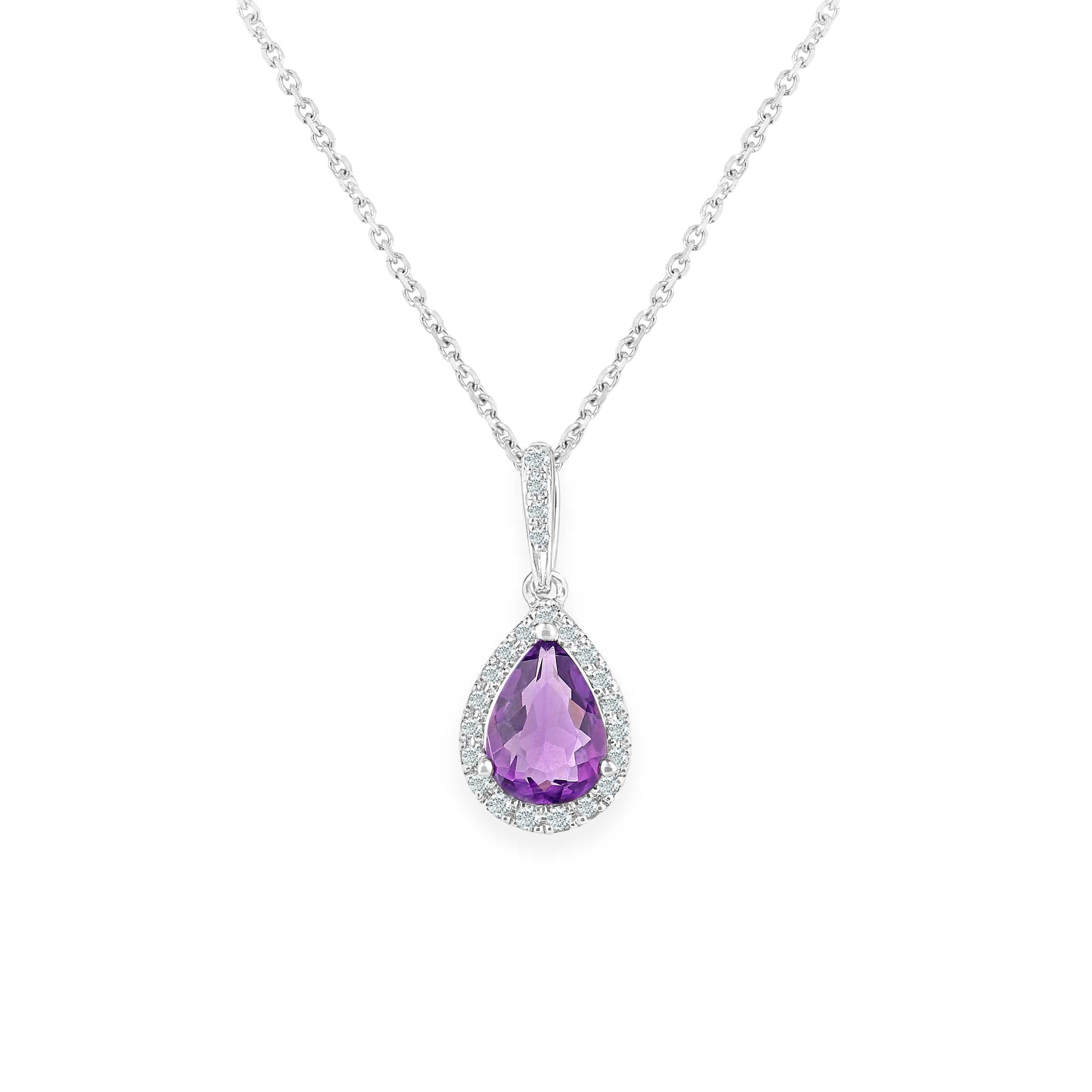 Lynora Luxe Necklace 9ct White Gold Amethyst Teardrop and Diamond Halo Pendant Necklace White Gold 9ct / Amethyst / 18" 9ct White Gold Amethyst Teardrop and Diamond Halo Pendant Necklace