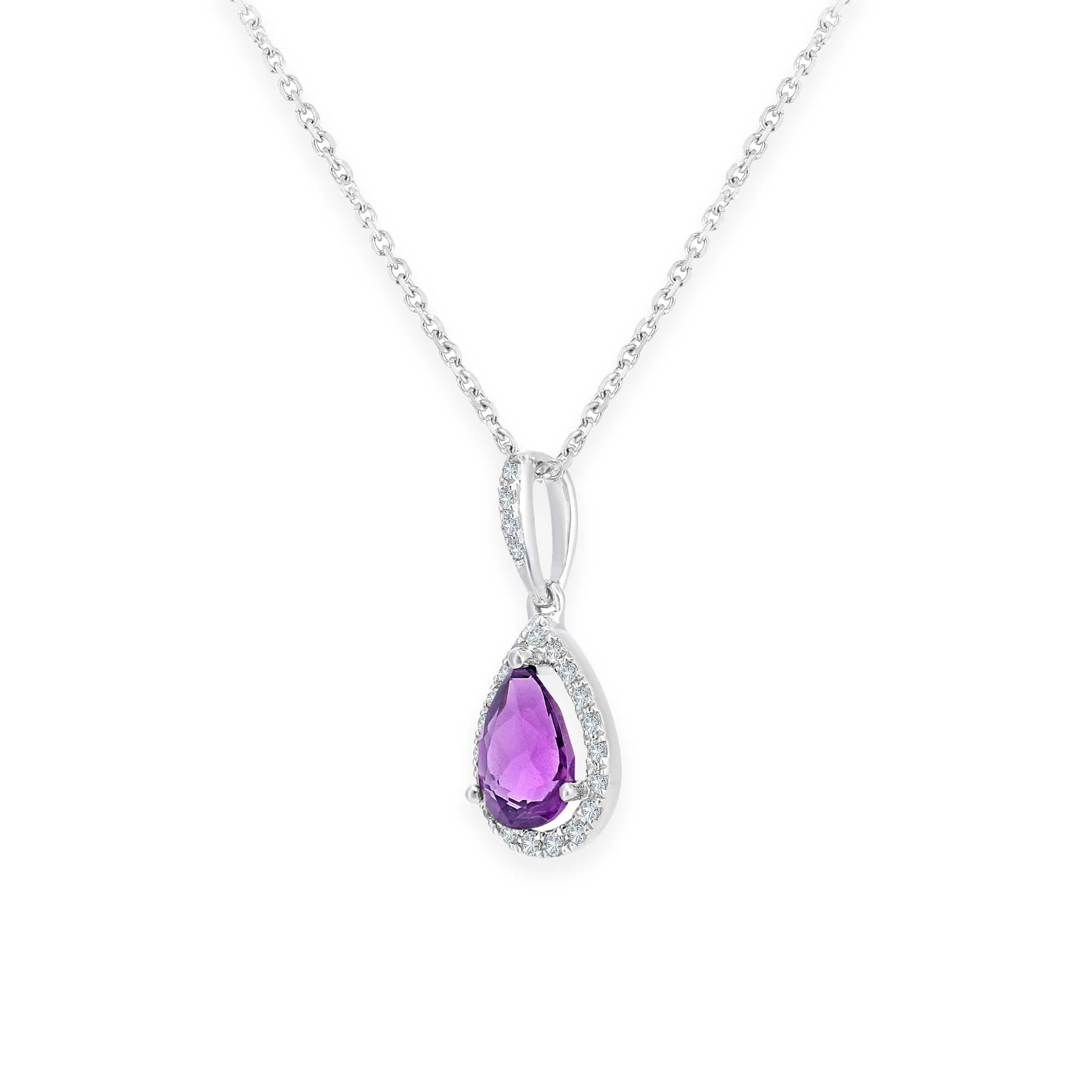 Lynora Luxe Necklace 9ct White Gold Amethyst Teardrop and Diamond Halo Pendant Necklace White Gold 9ct / Amethyst / 18" 9ct White Gold Amethyst Teardrop and Diamond Halo Pendant Necklace