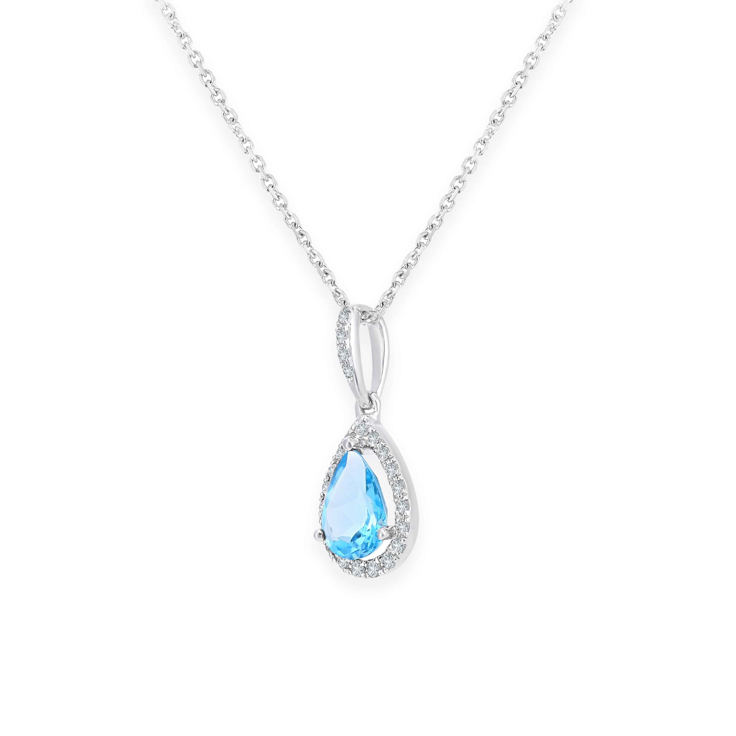 Lynora Luxe Necklace 9ct White Gold Blue Topaz Teardrop and Diamond Halo Pendant Necklace White Gold 9ct / Blue Topaz / 18" 9ct White Gold Blue Topaz Teardrop and Diamond Halo Pendant Necklace
