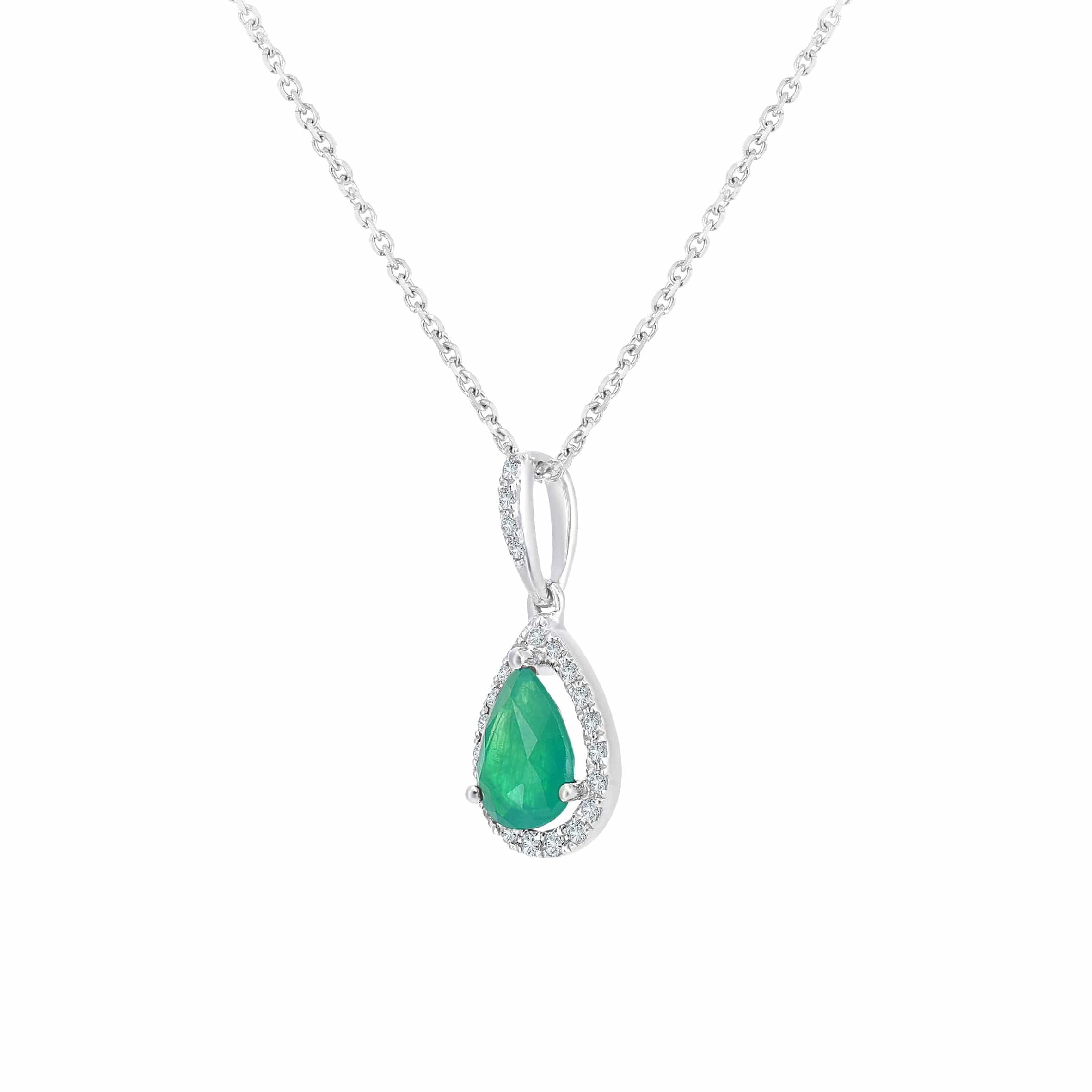 Lynora Luxe Necklace 9ct White Gold Emerald Teardrop and Diamond Halo Pendant Necklace White Gold 9ct / Emerald / 18" 9ct White Gold Emerald Teardrop and Diamond Halo Pendant Necklace
