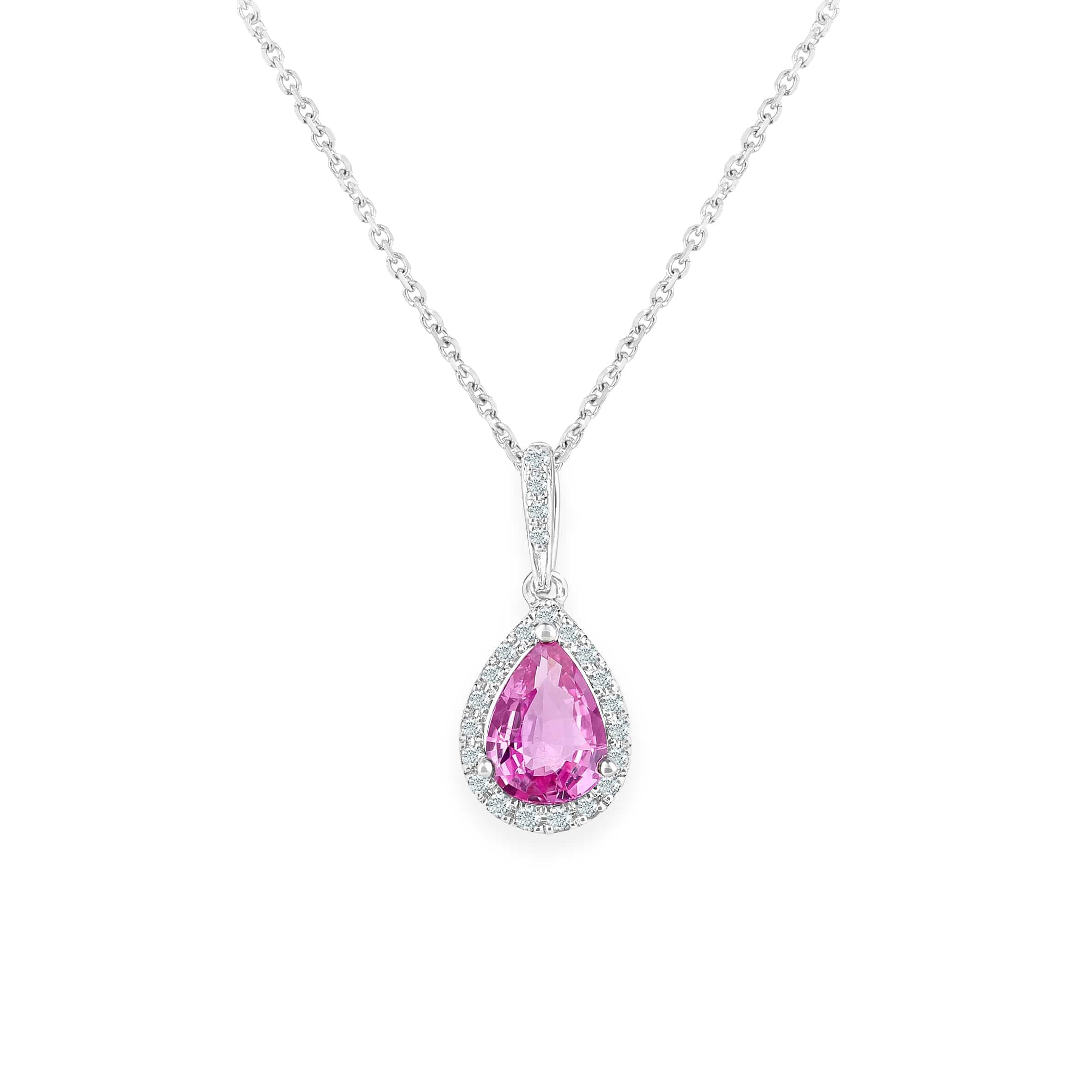 Lynora Luxe Necklace 9ct White Gold Created Pink Sapphire Teardrop and Diamond Halo Pendant Necklace White Gold 9ct / Pink Sapphire / 18" 9ct White Gold Created Pink Sapphire Teardrop and Diamond Halo Pendant Necklace