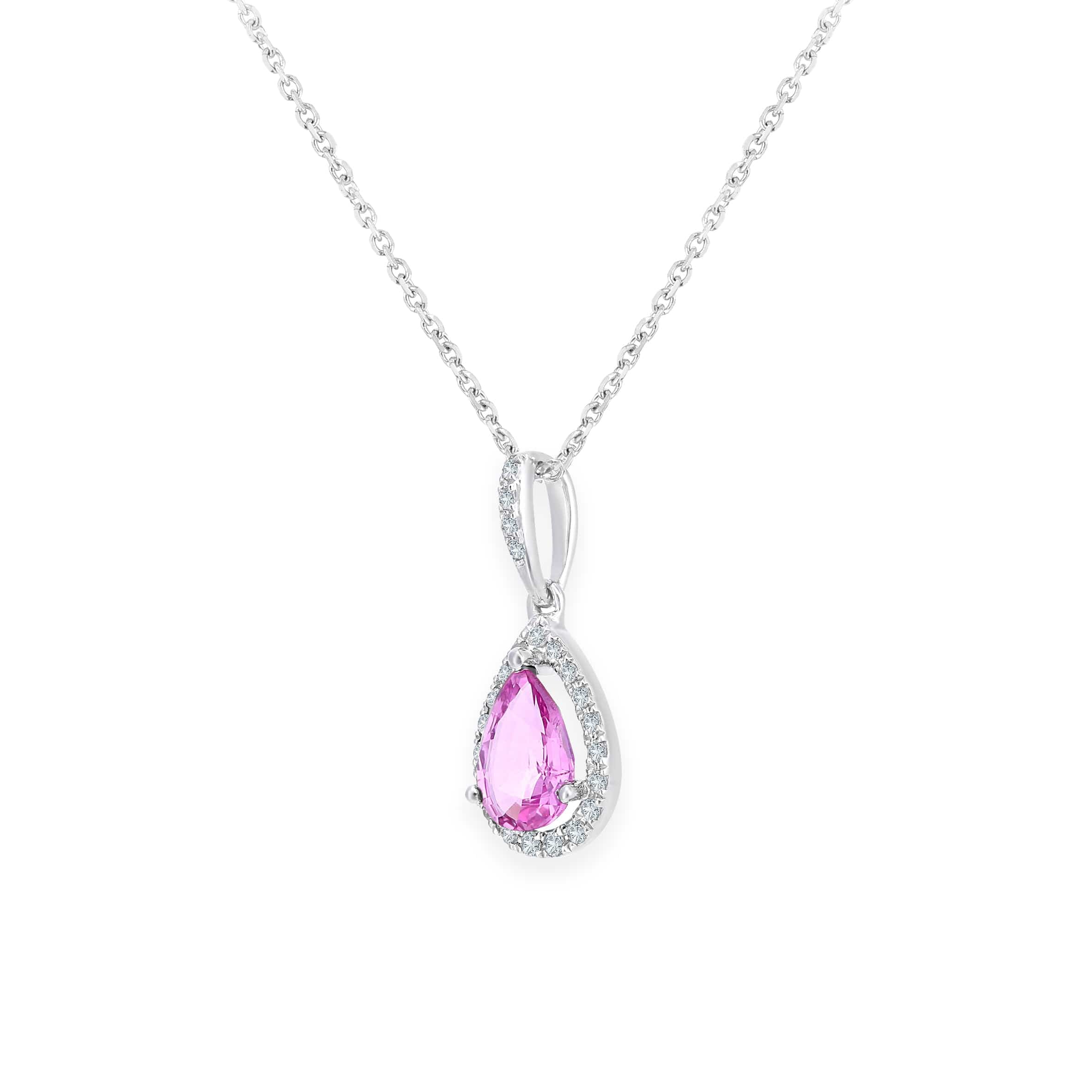 Lynora Luxe Necklace 9ct White Gold Created Pink Sapphire Teardrop and Diamond Halo Pendant Necklace White Gold 9ct / Pink Sapphire / 18" 9ct White Gold Created Pink Sapphire Teardrop and Diamond Halo Pendant Necklace
