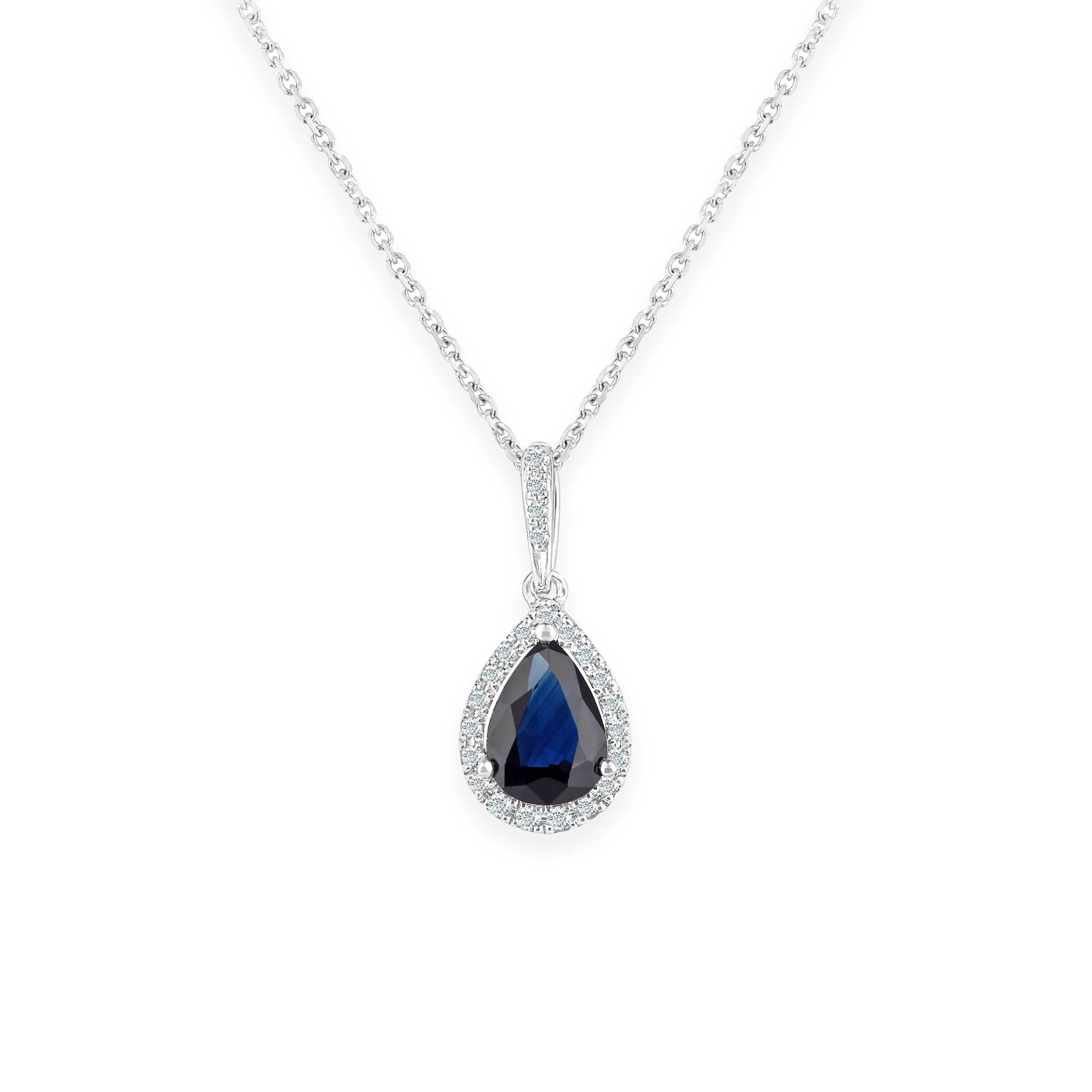 Lynora Luxe Necklace 9ct White Gold Sapphire Teardrop and Diamond Halo Pendant Necklace White Gold 9ct / Sapphire / 18" 9ct White Gold Sapphire Teardrop and Diamond Halo Pendant Necklace