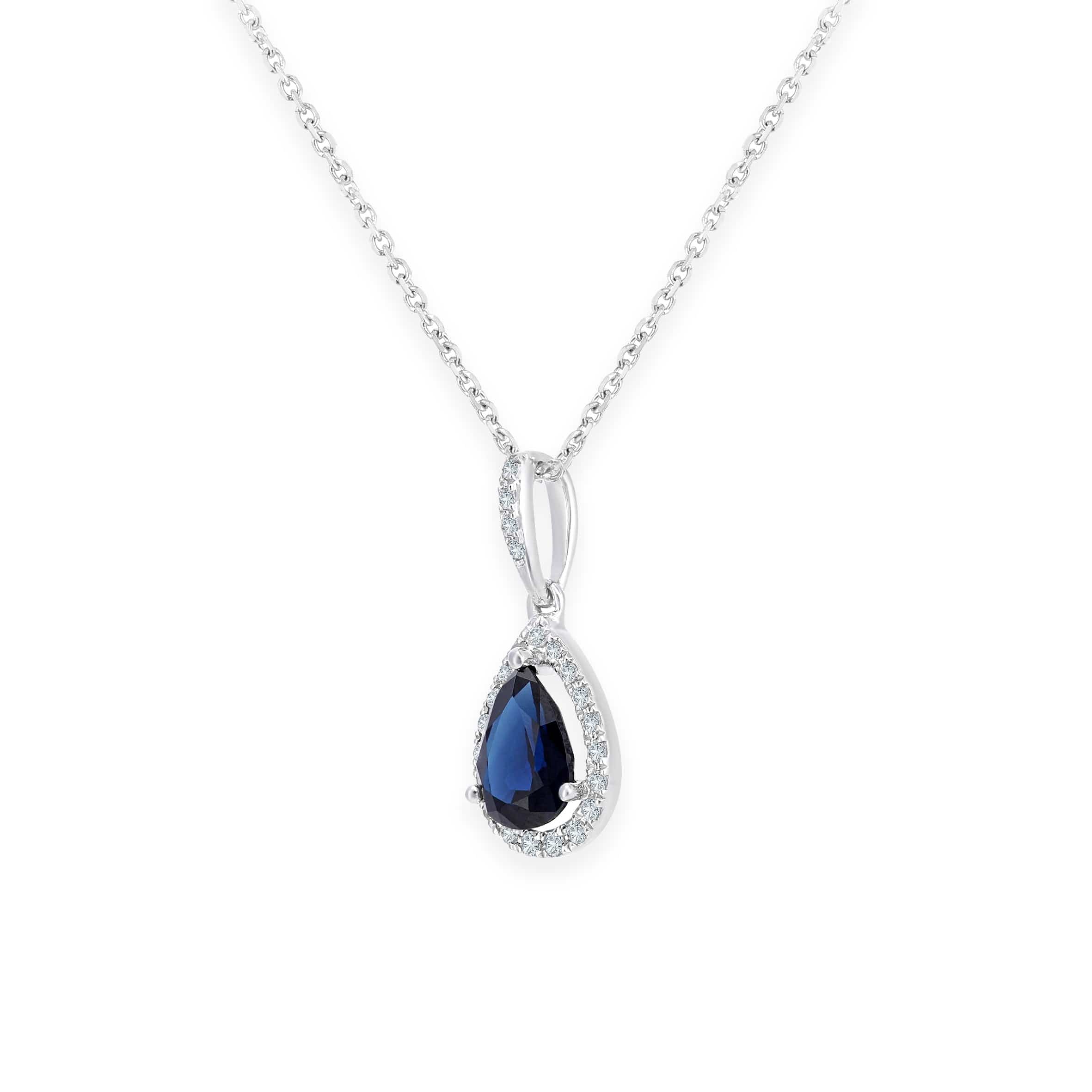 Lynora Luxe Necklace 9ct White Gold Sapphire Teardrop and Diamond Halo Pendant Necklace White Gold 9ct / Sapphire / 18" 9ct White Gold Sapphire Teardrop and Diamond Halo Pendant Necklace