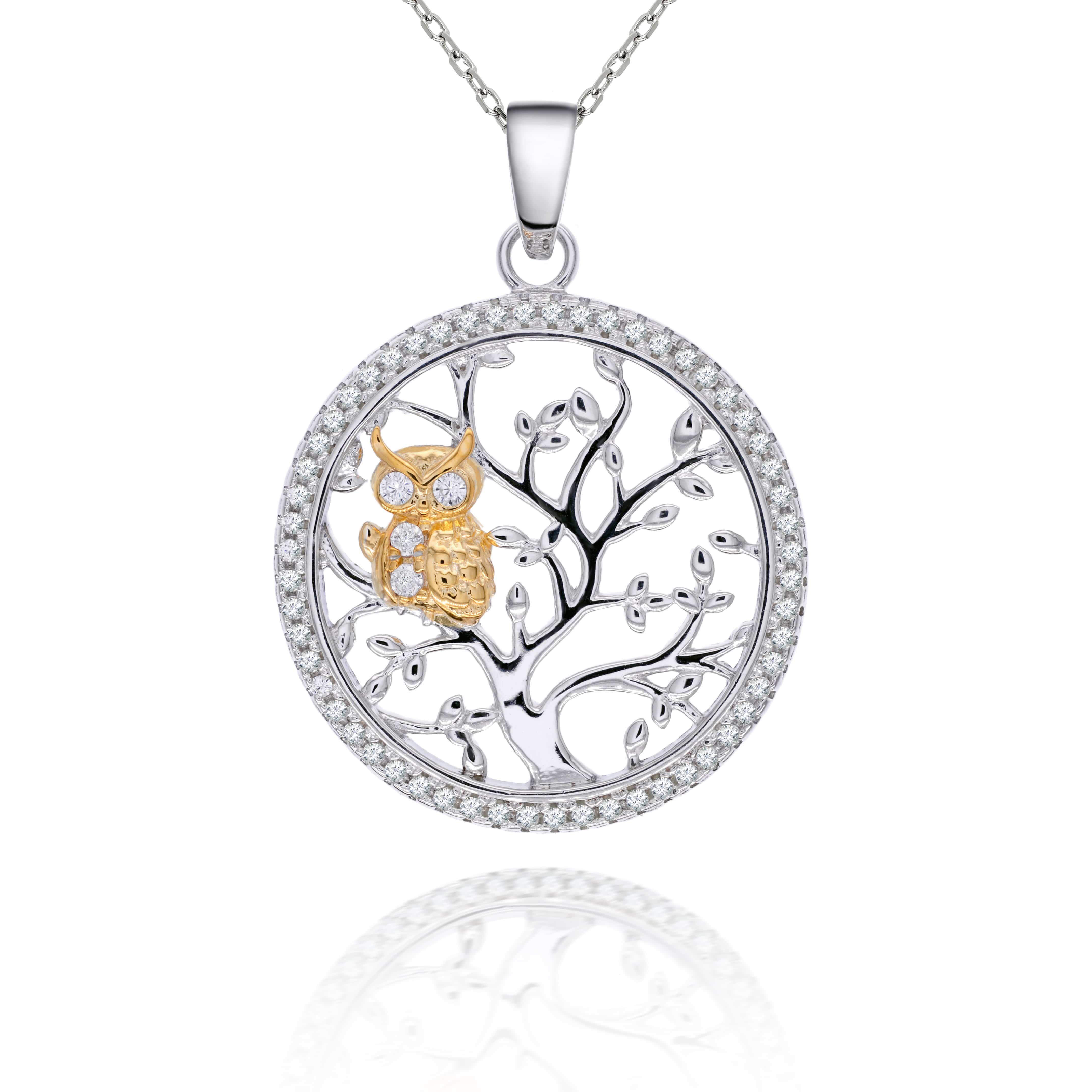 Lynora Jewellery Necklace 18" adj / Sterling Silver / Clear Owl In Tree Pendant Sterling Silver