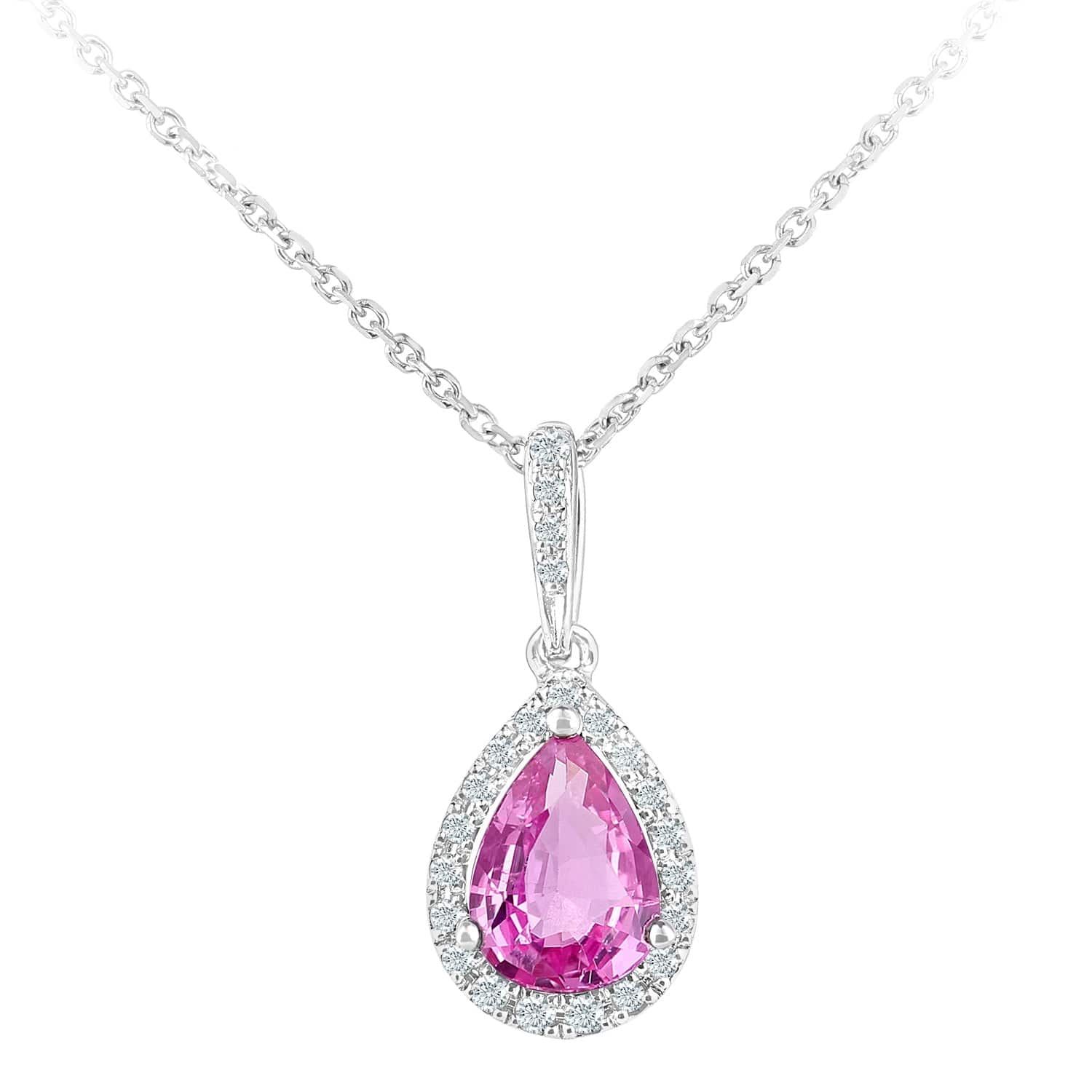 Lynora Luxe Necklace White Gold 9ct / Pink Sapphire / 18" 9ct White Gold Created Pink Sapphire Teardrop and Diamond Halo Pendant Necklace